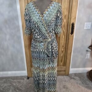 Maison Tara Green and Gold Zigzag Wrap Dress
